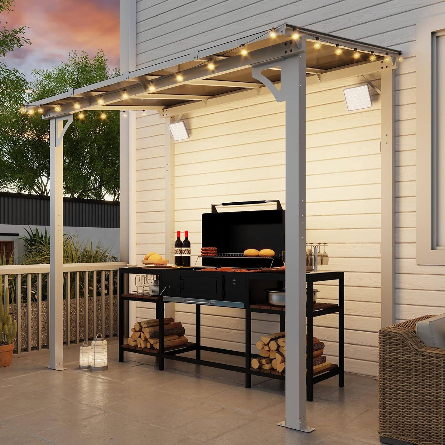 Angle. Yardgrace - 8'x 5' Outdoor Wall Mounted Lean-to Gazebo, Heavy Duty Sloped Roof Metal Awning for Patio, Decks & Backyard - White.