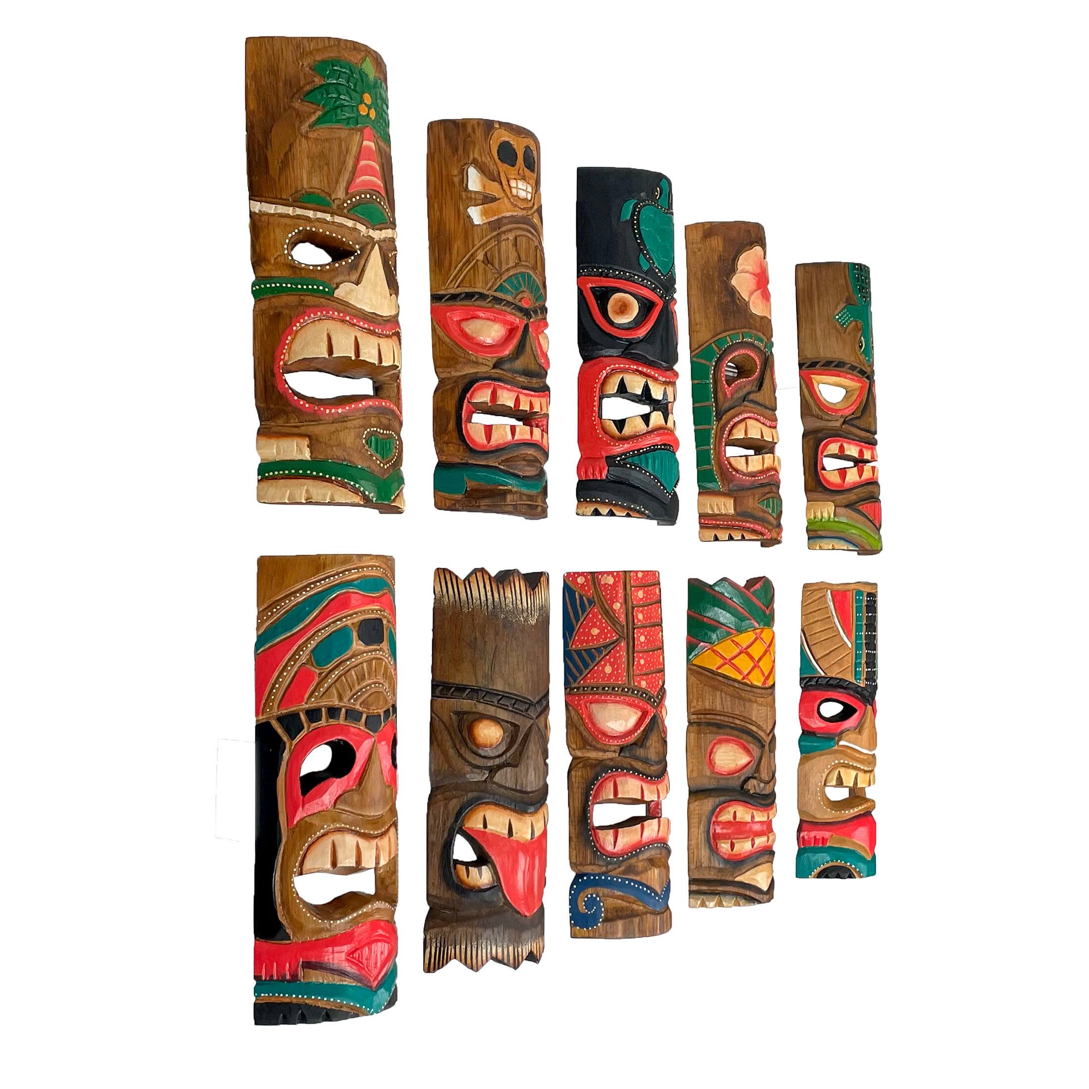 Alt View 1. Zeckos - Set of 10 Hand-Carved Tropical Island Style Tiki Masks Decorative Wall Hangings - Multicolored.