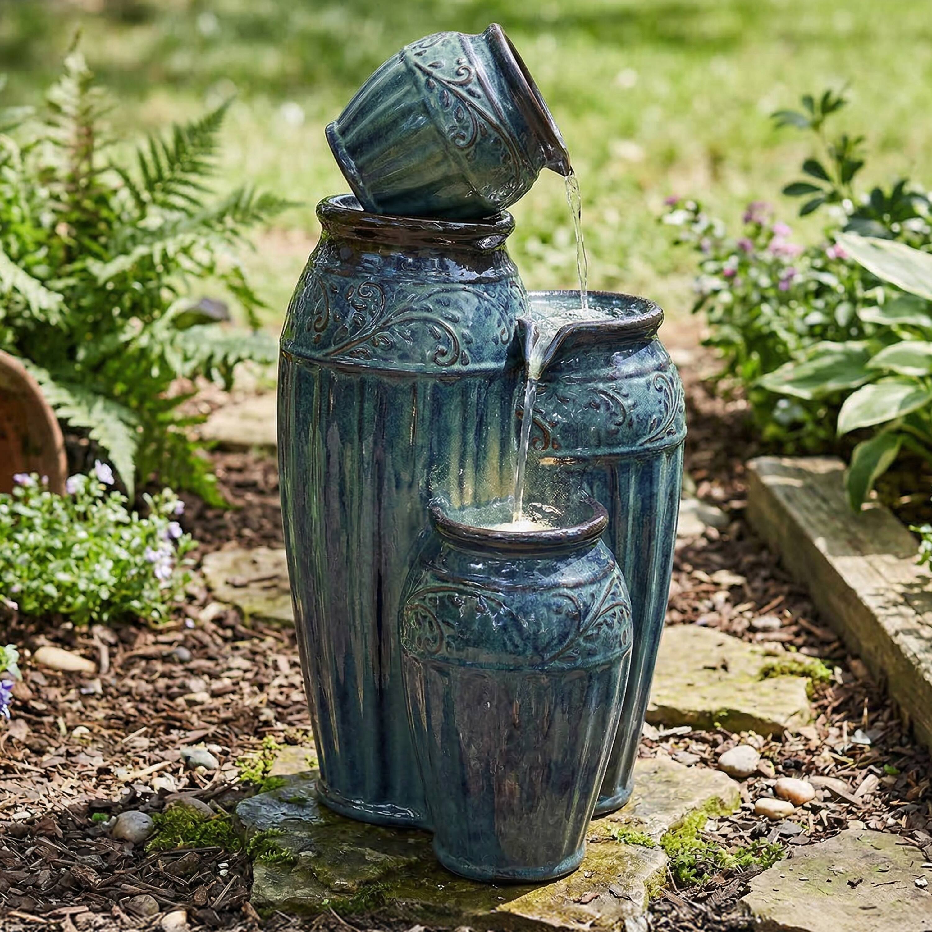 Alt View 7. Sunnydaze - Tour de Vase Ceramic Pot Water Fountain with LED Lights - 27 in - Dark Cyan.