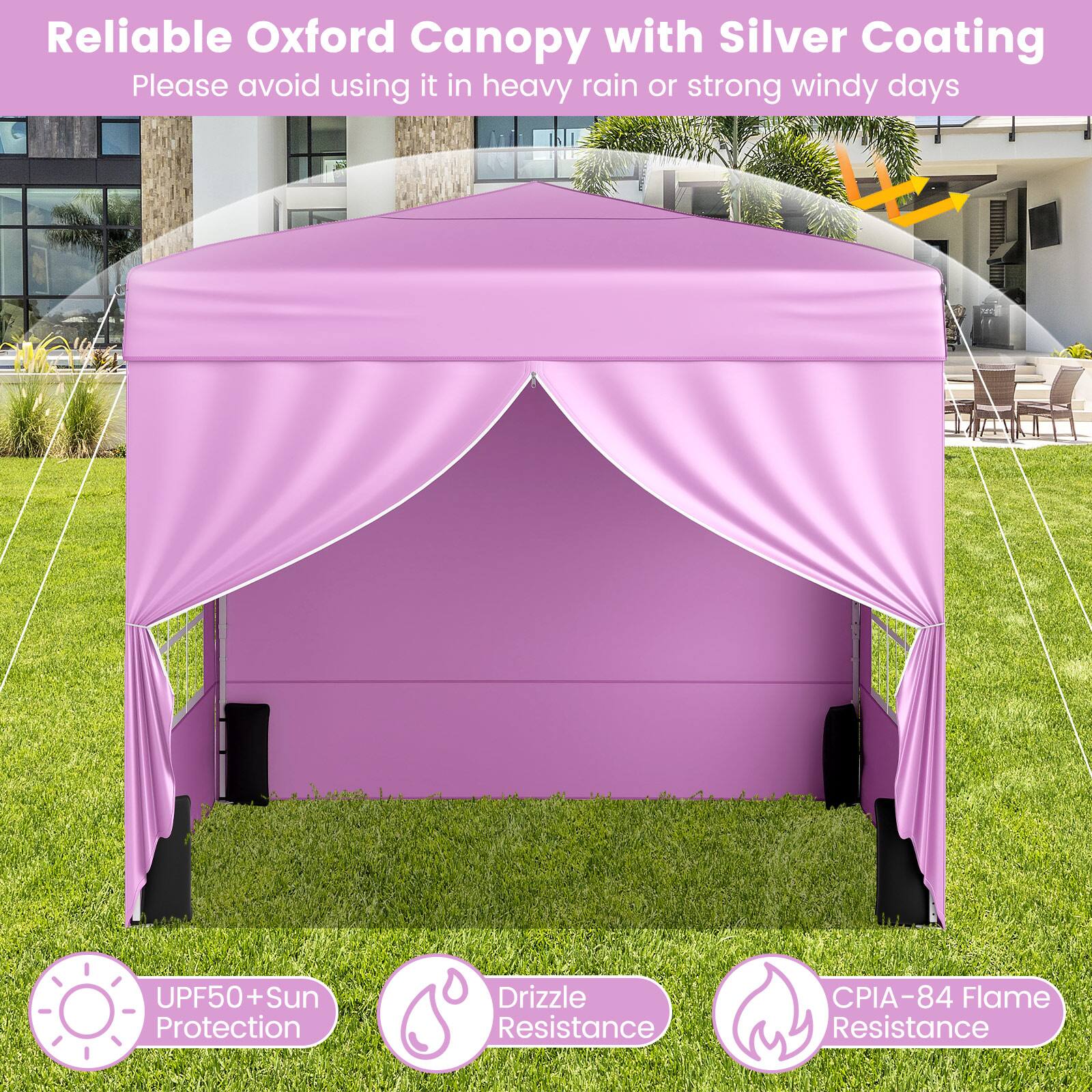 Reliable Oxford Canopy with Silver Coating  
Please avoid using it in heavy rain or strong windy days  

- UPF50+ Sun Protection  
- Drizzle Resistance  
- CPIA-84 Flame Resistance