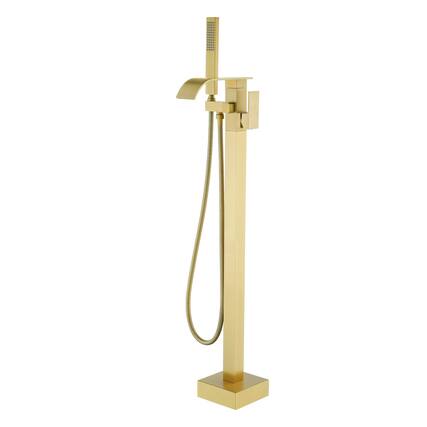 Front. Boyel Living - Brushed Gold Bathtub Faucet Dual Function 360 Degrees Rotatable 1.5m SUS304 Hose Independent Handles - Brushed Gold.