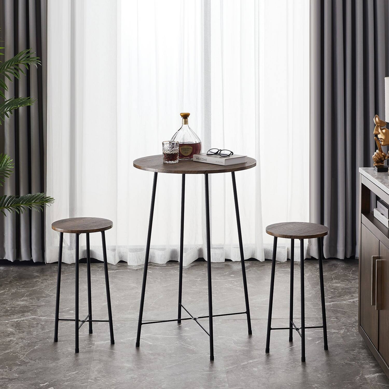 Back. Vecelo - 3-Piece Pub Table Set - Counter Height Table & 2 Stools,Breakfast & Coffee Table for Small Spaces, Compact Bistro Set - Coffee.