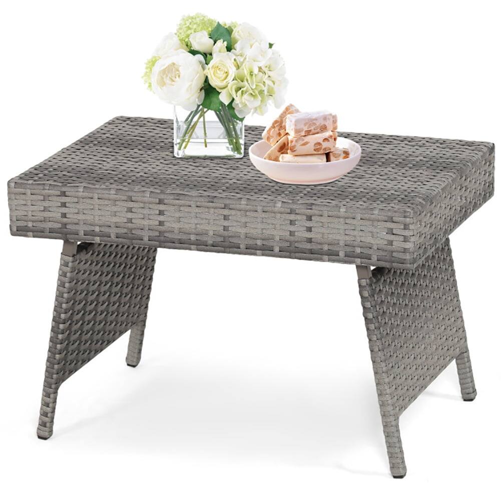 Angle. Kadyn - Indoor Outdoor Small PE Rattan Square Side/End Table with Slatted Tabletop , Patio Coffee Bistro Table, Gray - Gray.