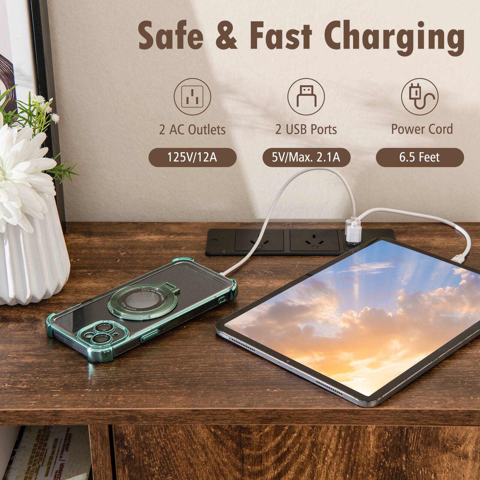 Safe & Fast Charging, 2 AC Outlets, 125V/12A, 2 USB Ports, 5V/Max. 2.1A, Power Cord, 6.5 Feet.