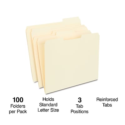 100 Folders per Pack  
Holds Standard Letter Size  
3 Tab Positions  
Reinforced Tabs