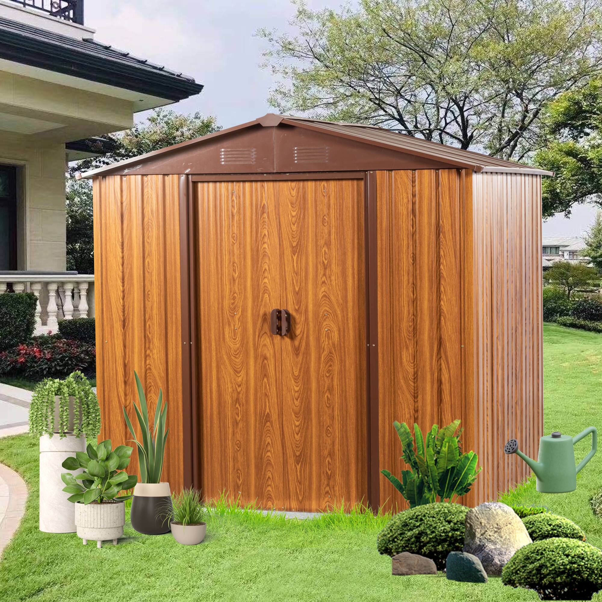 Angle. Mondawe - 6 Ft. W X 6 Ft. D Metal Storage Shed - Yellow Brown.