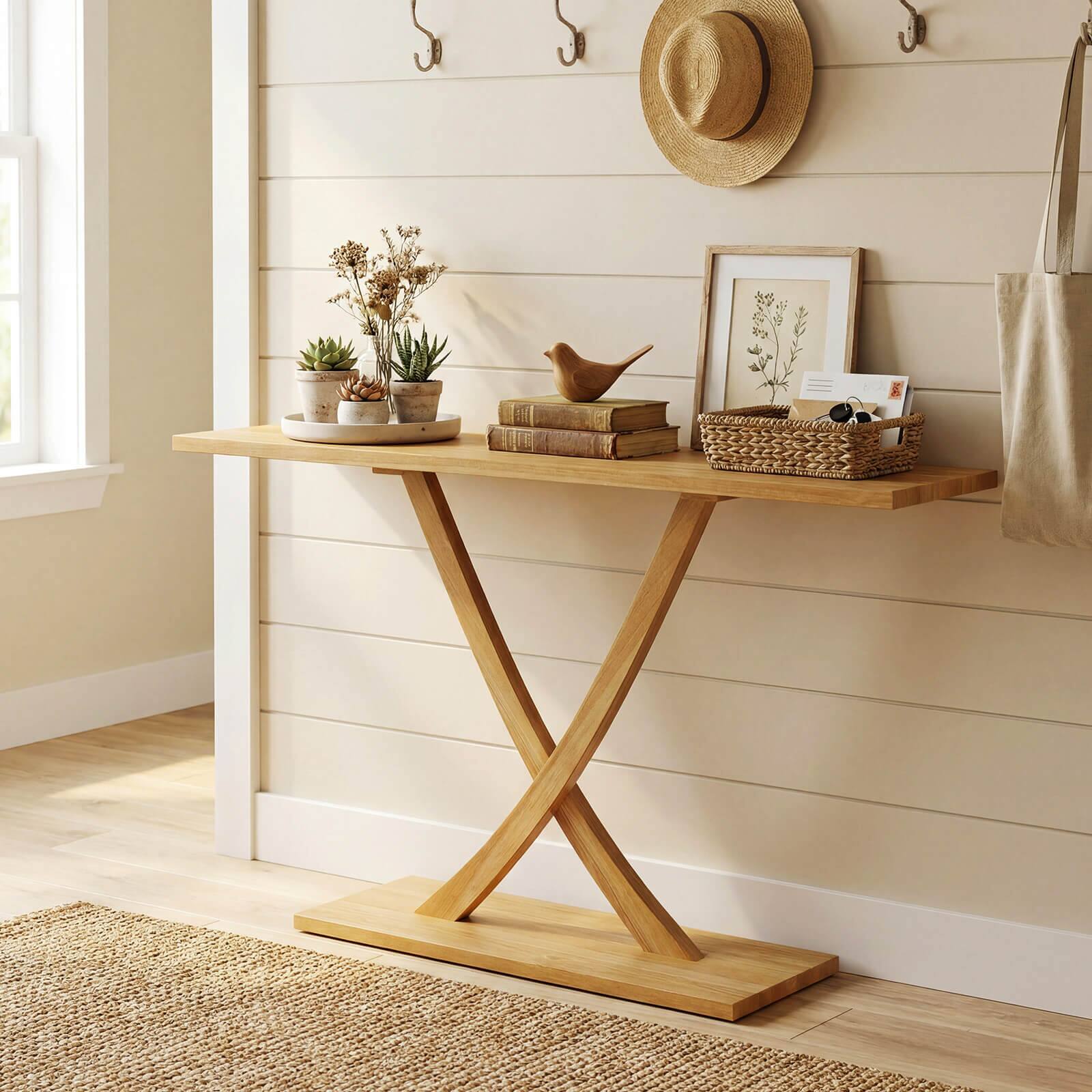 Alt View 3. Costway - Costway 57" Solid Wood Console Table, Narrow Farmhouse Sofa Table with Teak Wood Frame - Natural.