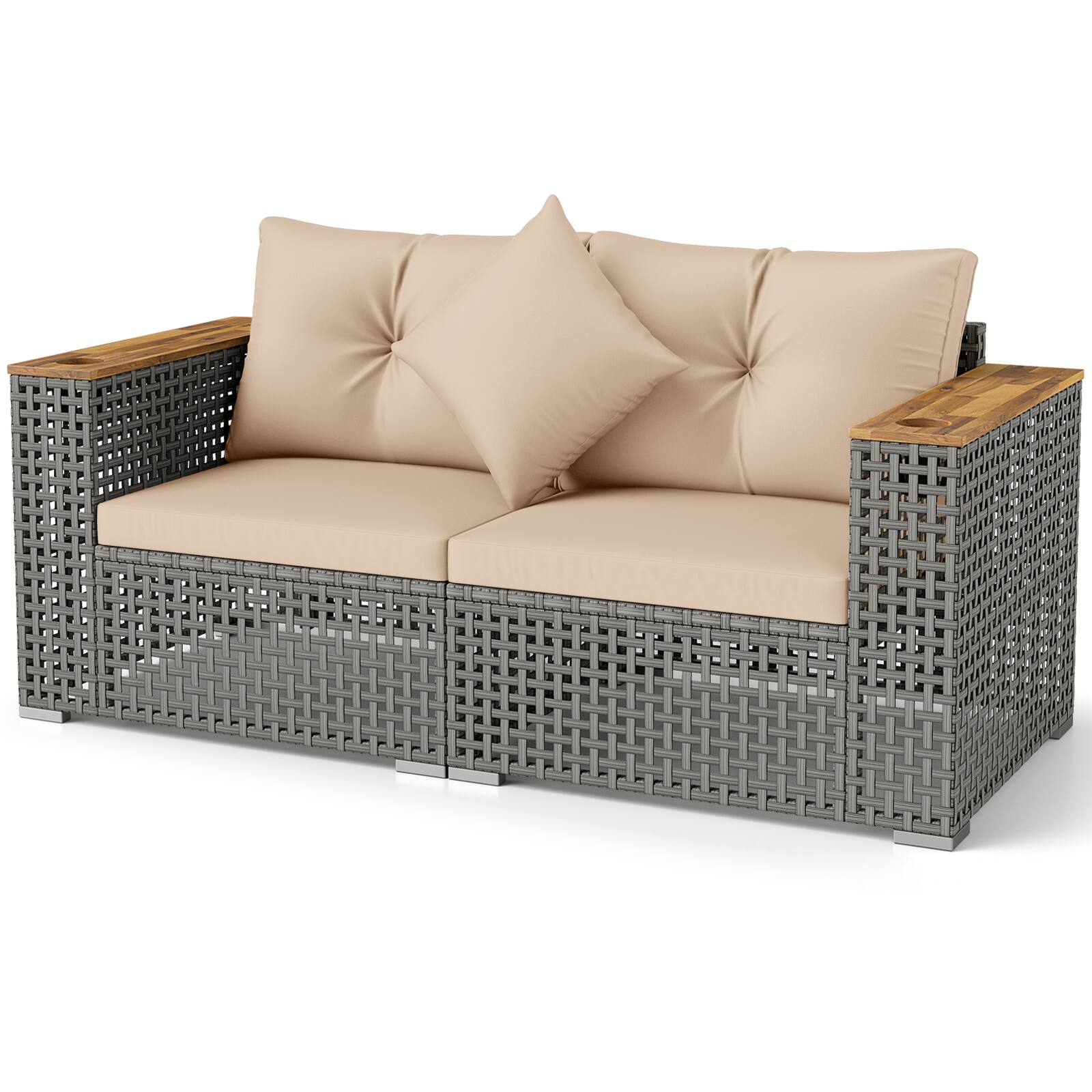 Alt View 8. Gymax - Gymax Set of 2 Patio Corner Sofa Set w/Thick Cushions Wide Acacia Wood Armrests for Garden Beige - Brown.