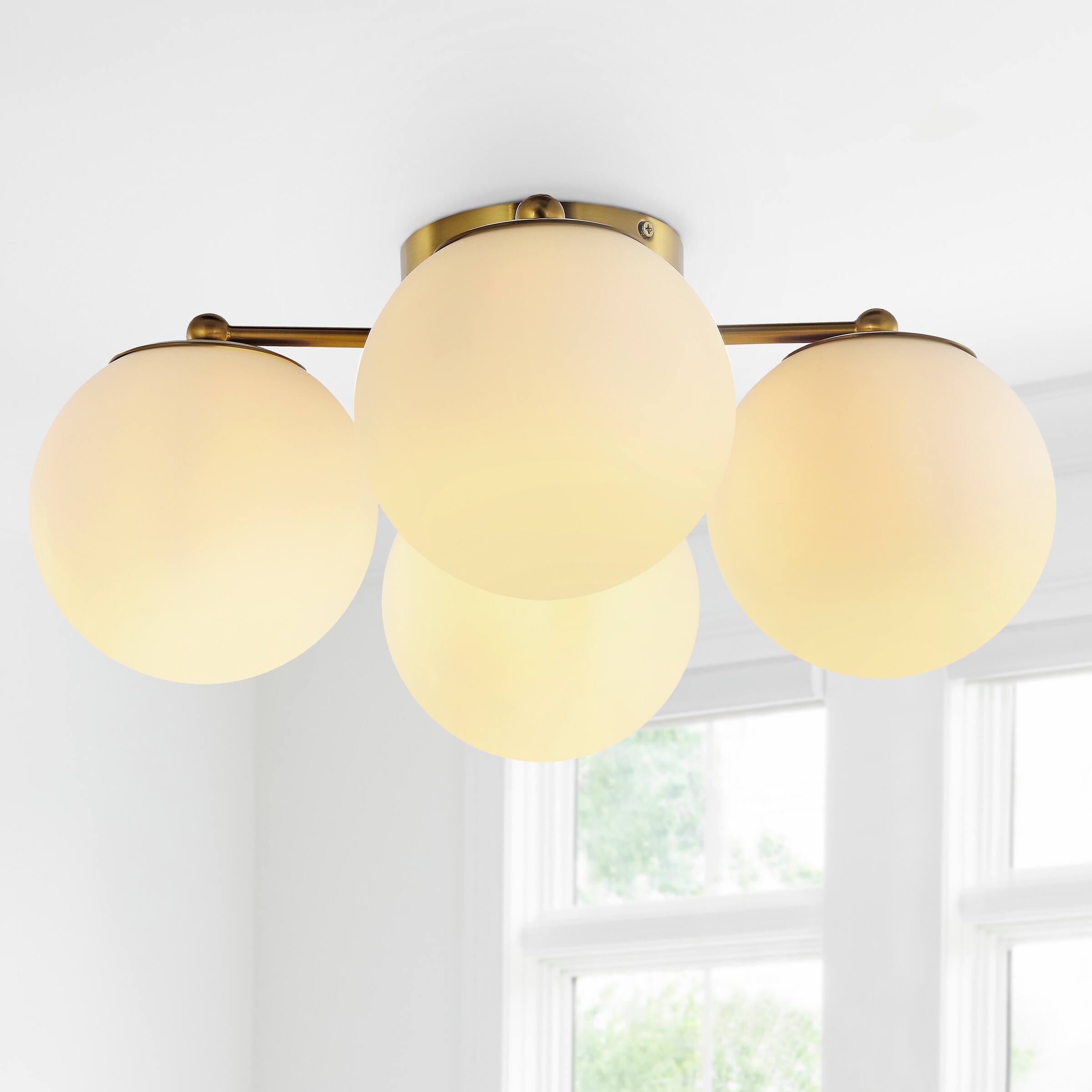 Alt View 1. Jonathan Y - Orly 18" 4-Light Bohemian Farmhouse Iron/Frosted Glass LED Semi Flush Mount, Brass Gold/White - Brass Gold.