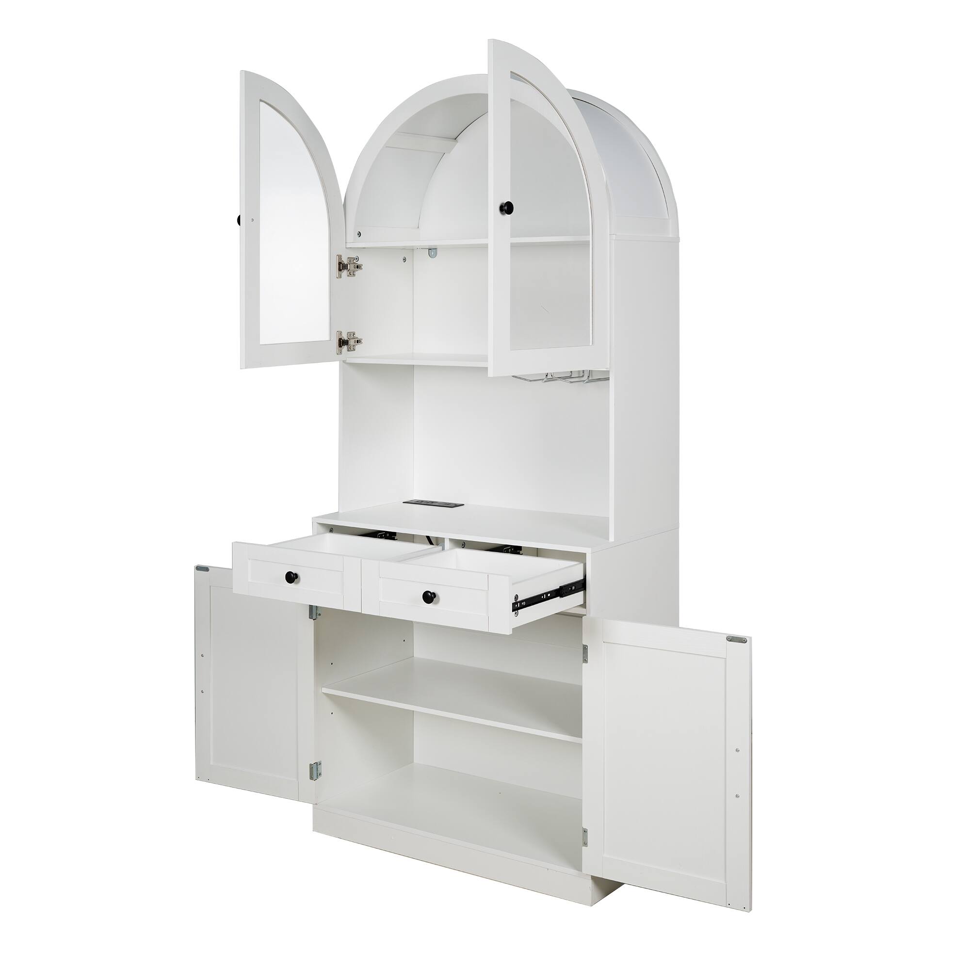 Alt View 9. Loheer - Loheer Farmhouse Pantry Cabinet, White Arched Coffee Bar Cabinet with Charging Station, Glass Doors, Adjustable Shelves - White.