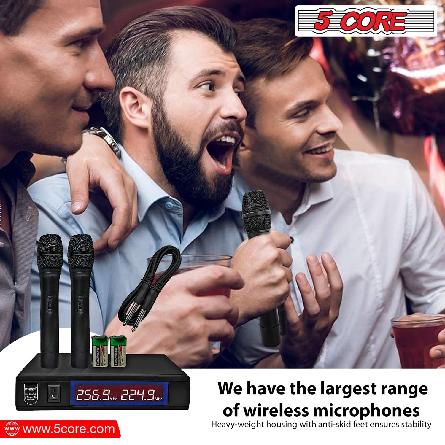 5 CORE, 256.9, 224.9, www.5core.com, We have the largest range of wireless microphones, Heavy-weight housing with anti-skid feet ensures stability