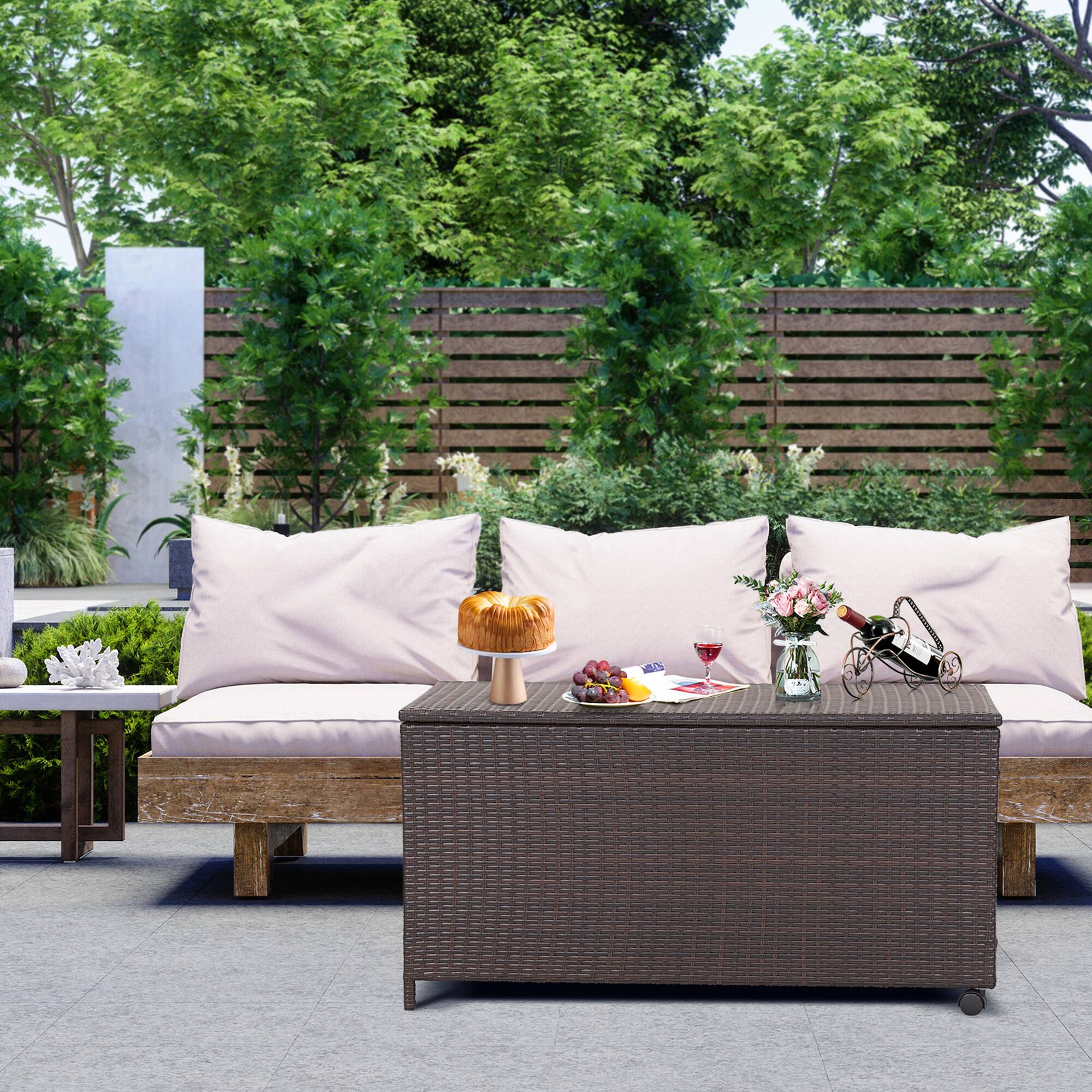 Alt View 2. Gymax - Gymax 50 Gallon Patio PE Wicker Storage Box Rattan Deck Bin w/ Waterproof Liner & Wheels - Mix Brown.