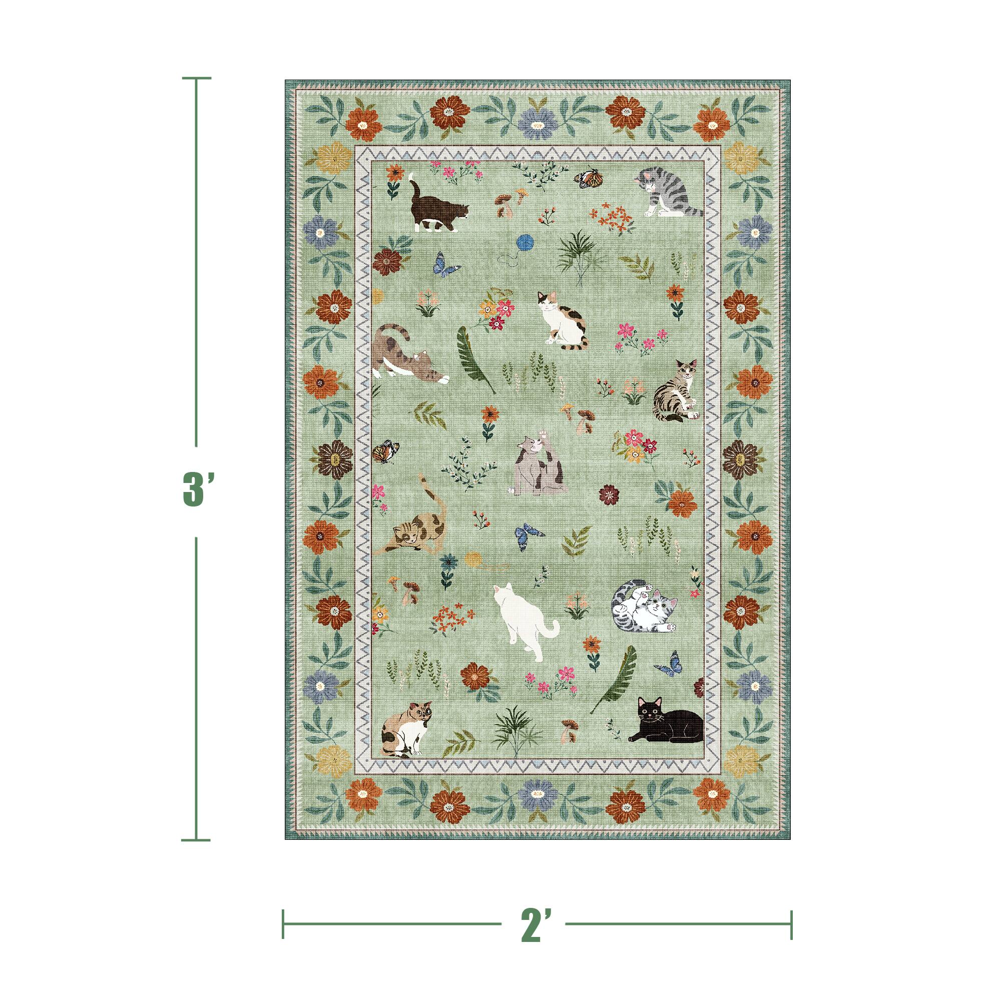 Alt View 1. KERDOM - Cute Cat Print 2x3 ft Small Area Rug – Adorable Kitten Floor Mat for Entryway & Bathroom, Non-Slip Washable Accent Rug - Green.