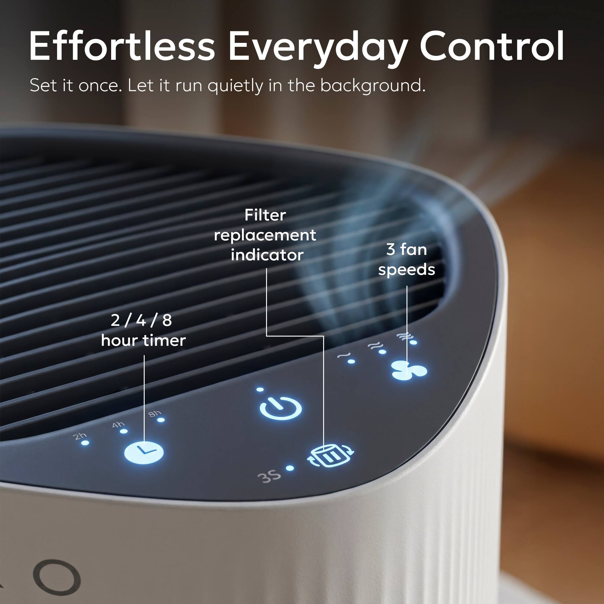 Effortless Everyday Control  
Set it once. Let it run quietly in the background.  

- Filter replacement indicator  
- 3 fan speeds  
- 2/4/8 hour timer