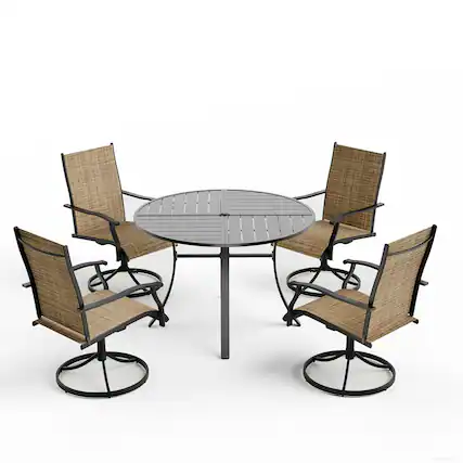 Front. U-HOMY - Patio Dining Set, Outdoor Round Table and 4 Fixed Chairs, Textilene Patio Chairs with Umbrella Hole for Garden, Backyard - Brown.