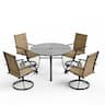 U-HOMY - Patio Dining Set, Outdoor Round Table and 4 Fixed Chairs, Textilene Patio Chairs with Umbrella Hole for Garden, Backyard - Brown