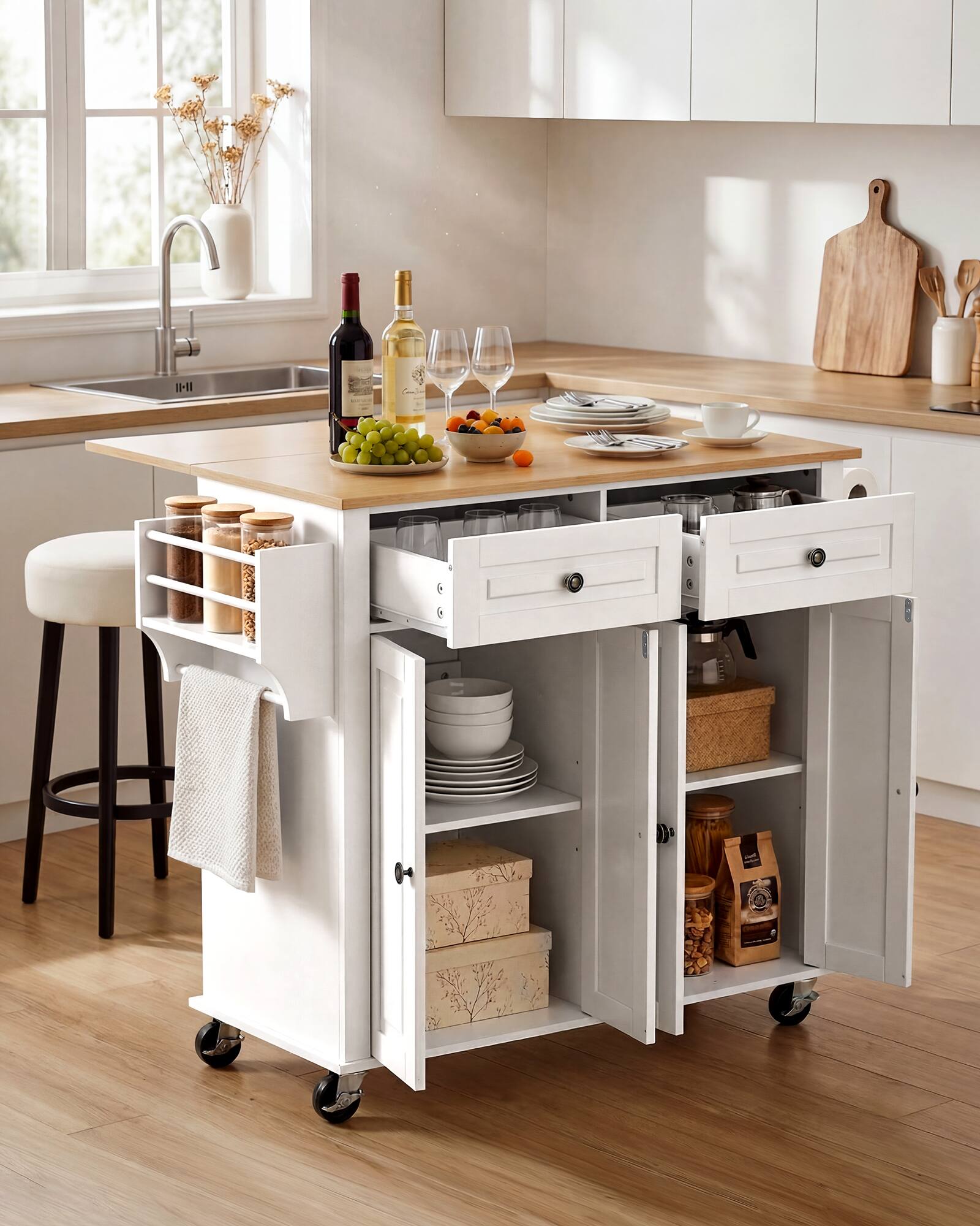 Angle. VEVOR - Kitchen Island Cart with Storage, 43.58 in Wide Mobile Rolling Storage Island on Swivel Wheels, with 2 Drawers - White.