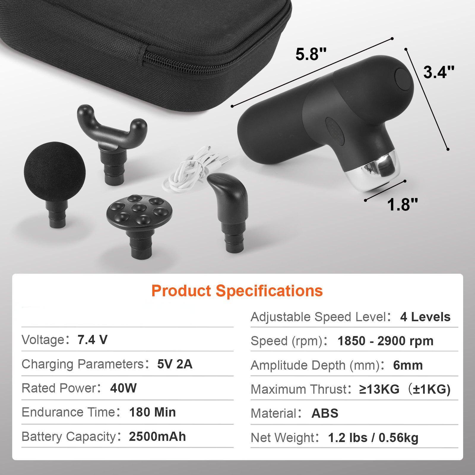 Sure, here is the corrected and grouped text:

---

**Dimensions:**
- 5.8" x 3.4" x 1.8"

**Product Specifications:**

- **Adjustable Speed Level:** 4 Levels
- **Speed (rpm):** 1850 - 2900 rpm
- **Amplitude Depth (mm):** 6mm
- **Maximum Thrust:** ≥13KG (±1KG)
- **Material:** ABS
- **Net Weight:** 1.2 lbs / 0.56kg

- **Voltage:** 7.4 V
- **Charging Parameters:** 5V 2A
- **Rated Power:** 40W
- **Endurance Time:** 180 Min
- **Battery Capacity:** 2500mAh

---