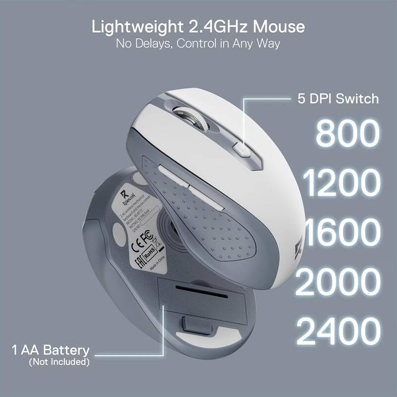 Lightweight 2.4GHz Mouse  
No Delays, Control in Any Way  
1 AA Battery (Not Included)  
5 DPI Switch: 800, 1200, 1600, 2000, 2400  
REDRACON nuC 24G  
Made in China  
CEFC RoHS EAC