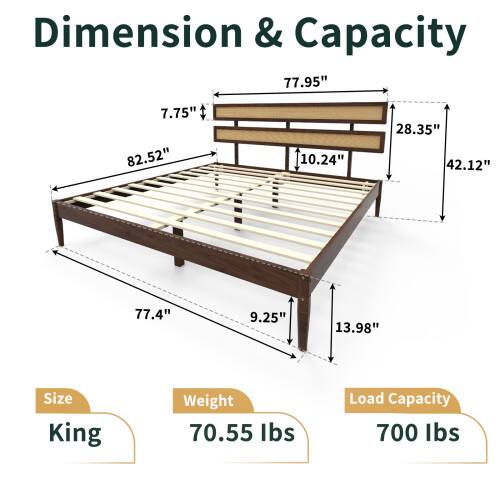 Dimension & Capacity  
77.95" x 7.75" x 82.52" x 10.24" x 28.35" x 42.12" x 77.4" x 9.25" x 13.98"  
Size: King  
Weight: 70.55 lbs  
Load Capacity: 700 lbs