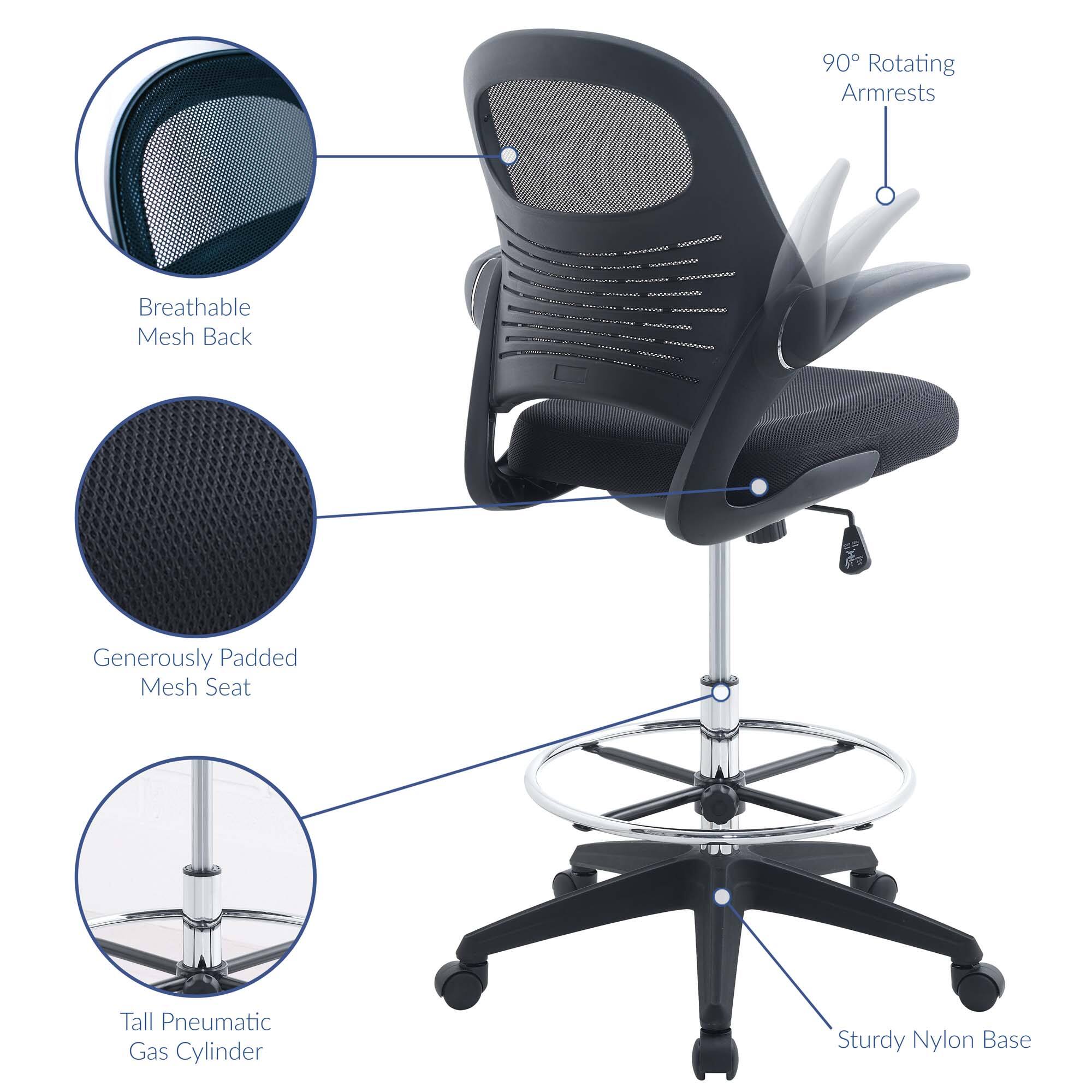90° Rotating Armrests  
Breathable Mesh Back  
Generously Padded Mesh Seat  
Tall Pneumatic Gas Cylinder  
Sturdy Nylon Base