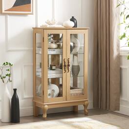 LUCKY ONE - 25.99in Freestanding Curio Cabinet with Tempered Glass Doors Mirrored Back Adjustable Shelves Light for Office - Oak