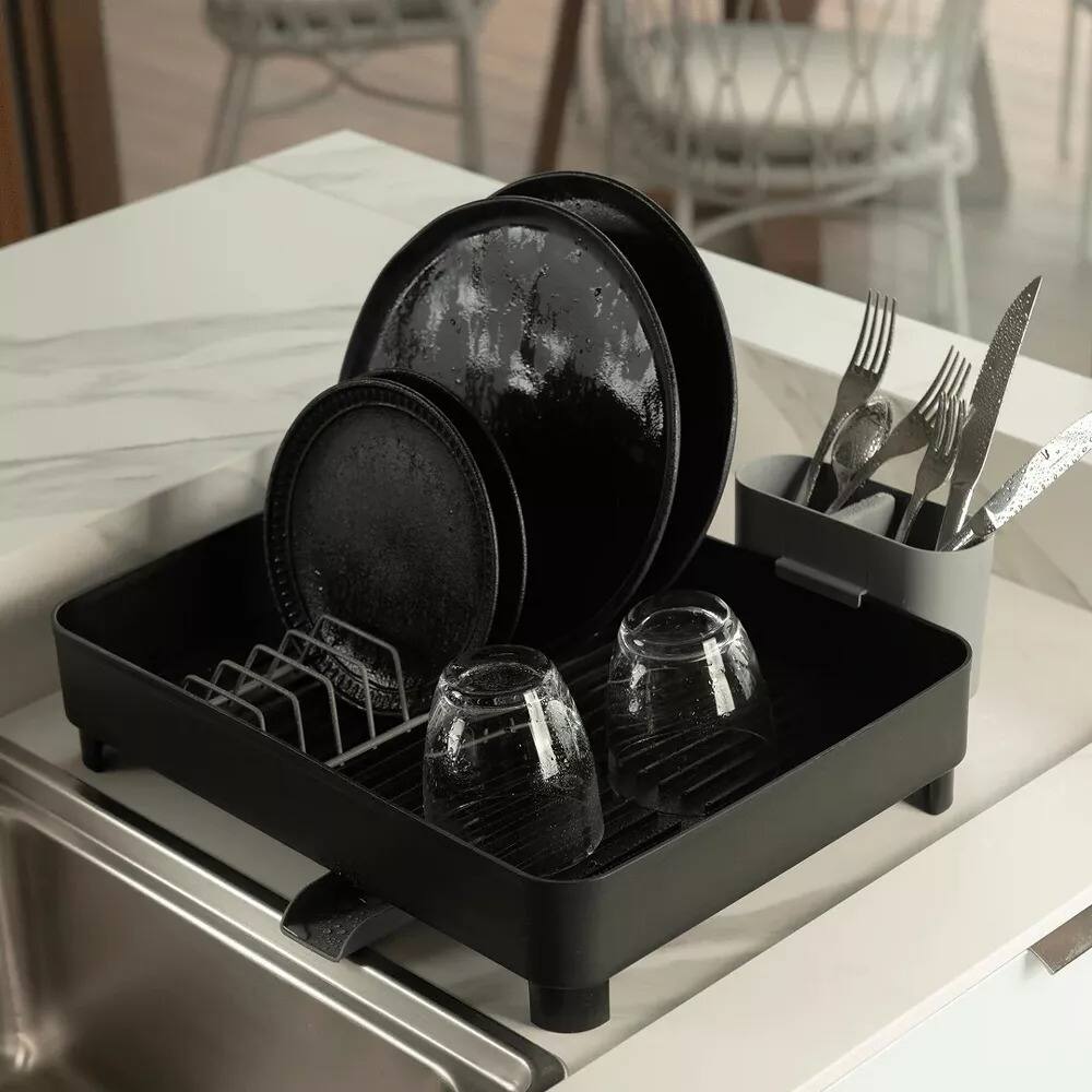 Back. OU - Sink Organizer Set, Compact Dish Rack with Drain Spout & 19 oz Soap Dispenser with Sponge Holder - Black.
