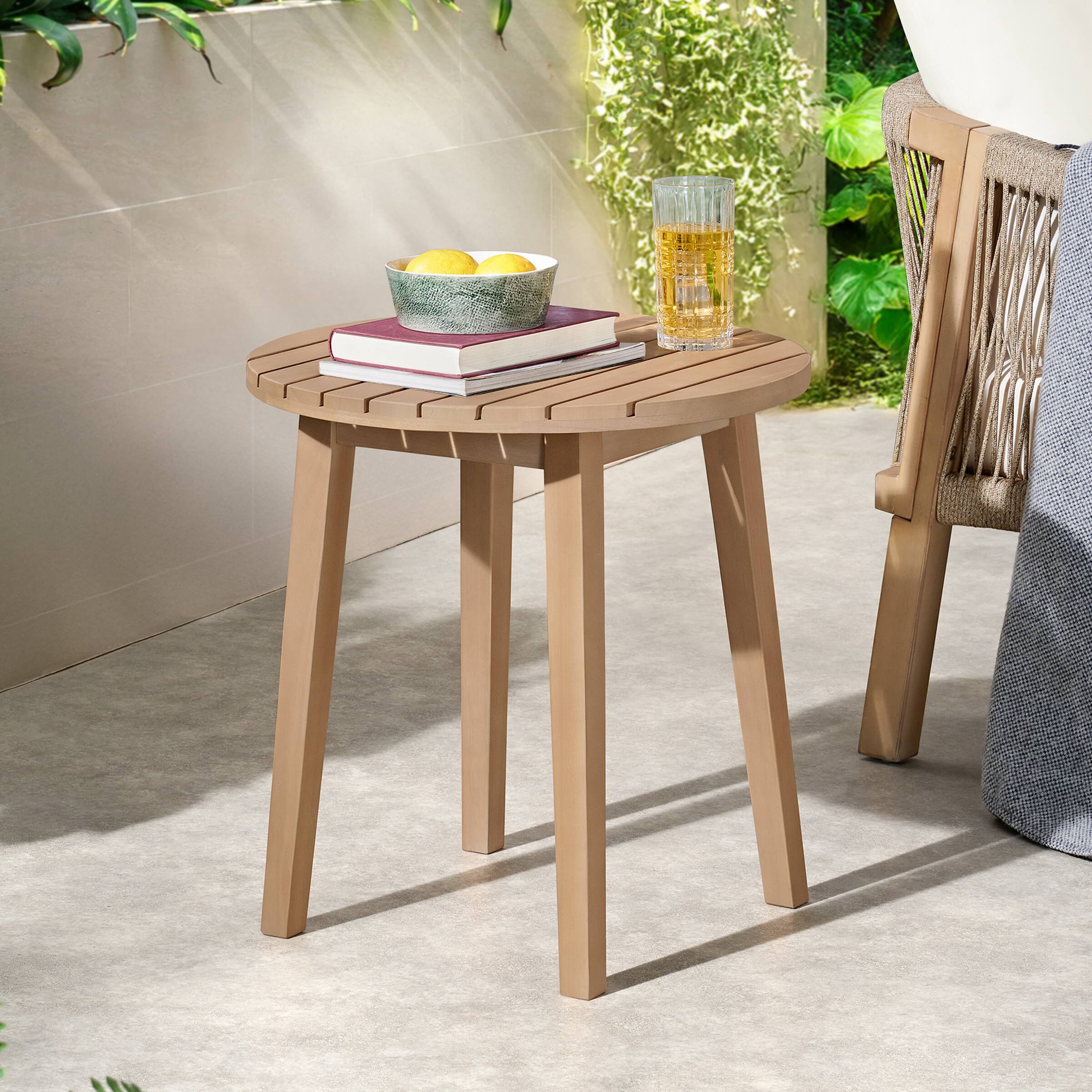 Alt View 3. Alaterre Furniture - Lusso Outdoor Side Table - 19.7” Weather-Resistant Eucalyptus Wood Round Outdoor Table with Slatted Tabletop - Brown.