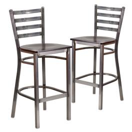 Emma + Oliver - 2 Pack Clear Coated Ladder Back Metal Restaurant Barstool - Walnut Wood Seat/Clear Coated Metal Frame