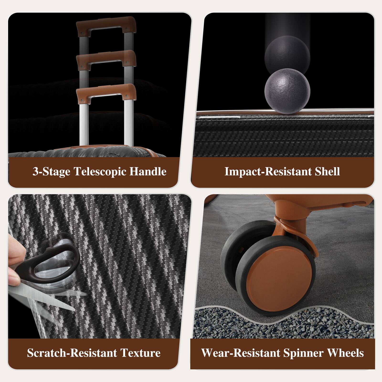 3-Stage Telescopic Handle  
Impact-Resistant Shell  
Scratch-Resistant Texture  
Wear-Resistant Spinner Wheels