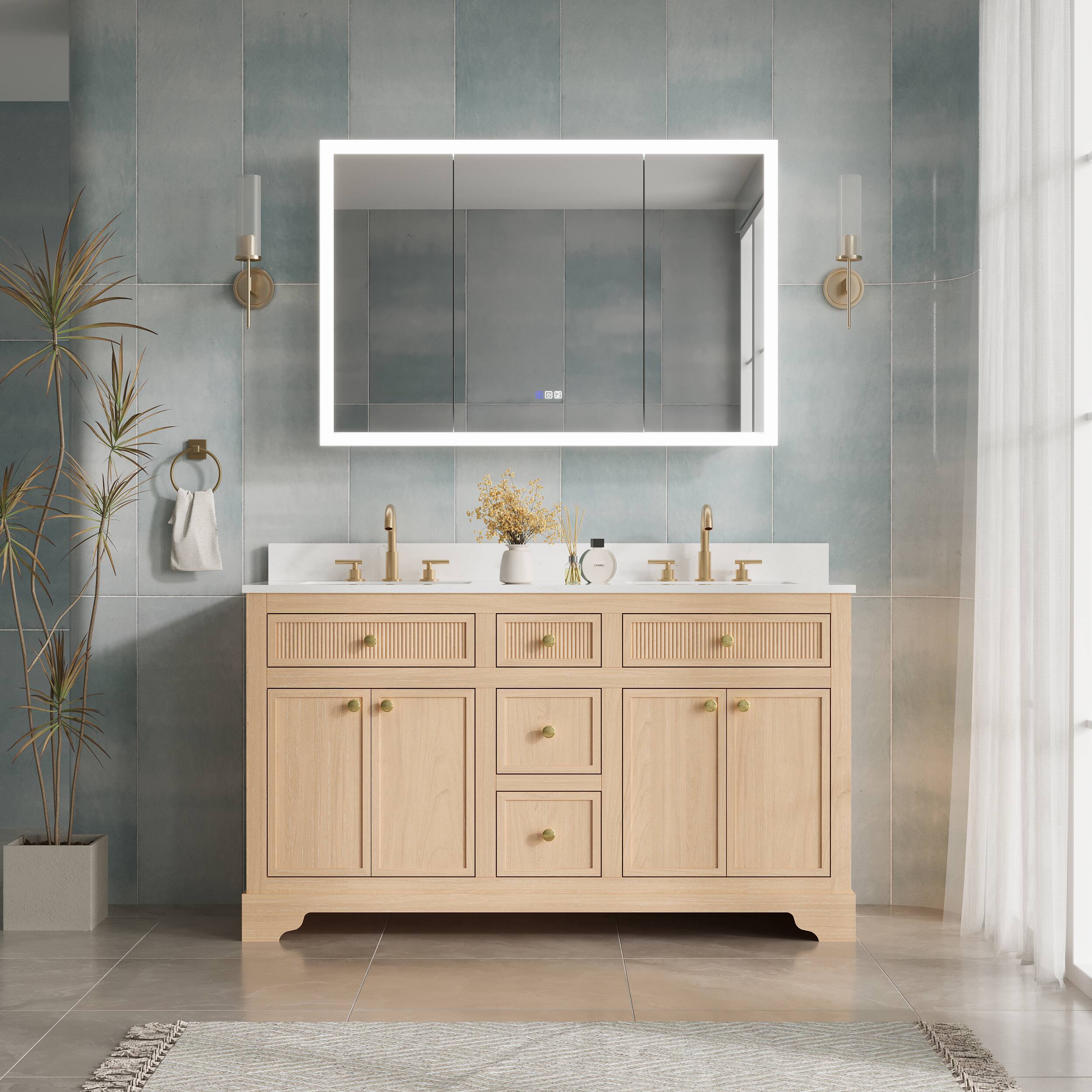 Left. WELLFOR - 48 in. W x 32 in. H Rectangular Surface or Recessed Mount Aluminum Medicine Cabinet with Mirror - Silver.
