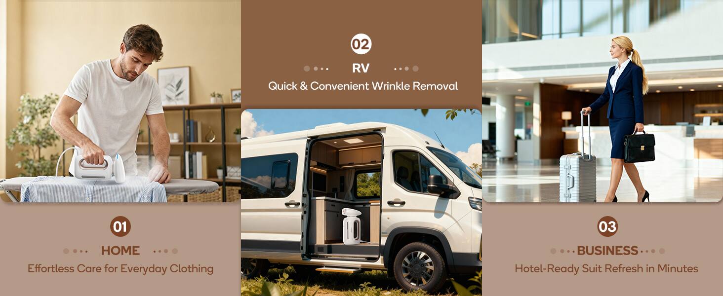 01 HOME  
Effortless Care for Everyday Clothing

02 RV  
Quick & Convenient Wrinkle Removal

03 BUSINESS  
Hotel-Ready Suit Refresh in Minutes