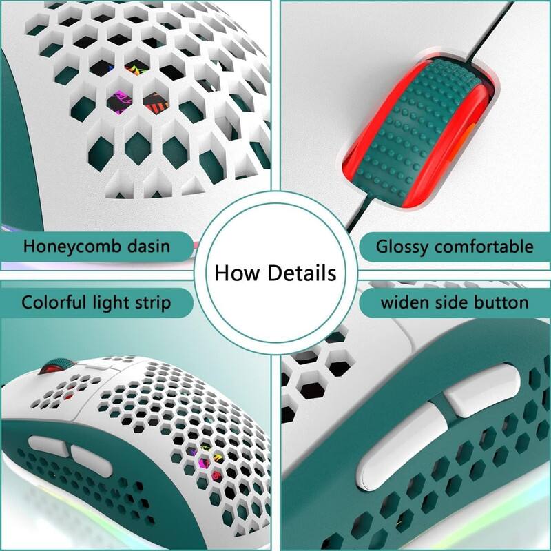 Honeycomb design  
Colorful light strip  
Glossy comfortable  
widen side button