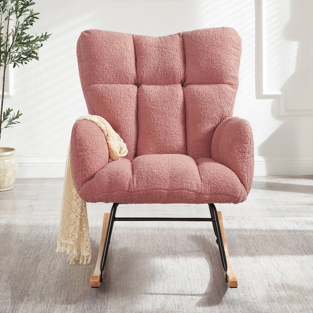 Angle. Loheer - Loheer Pink Teddy Fabric Rocking Chair Tufted Upholstered Glider Accent Chair with Metal Frame - Pink.