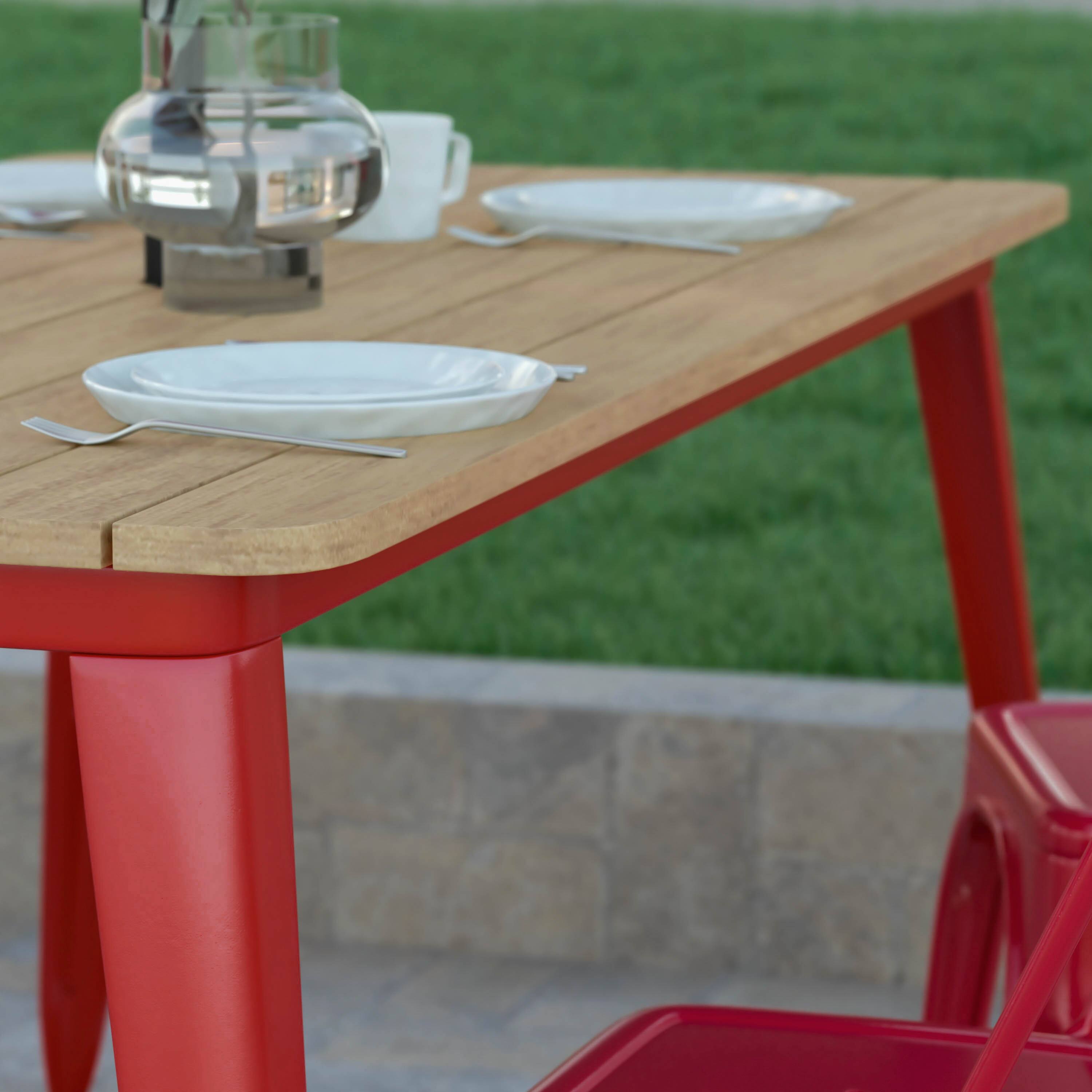 Alt View 4. Emma + Oliver - 30"x60" RECT Poly Resin Restaurant Table with Umbrella Hole - Brown Top/Red Frame.
