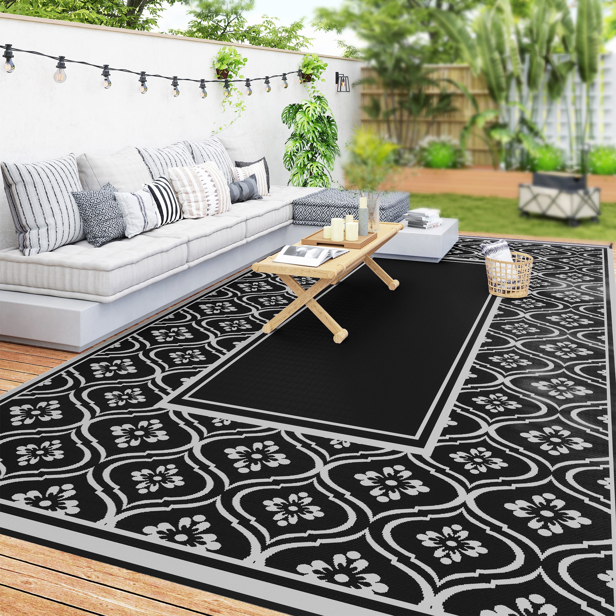 Outsunny - Outdoor Rug for Patio, 9' x 18' Waterproof Large Mat, Reversible Plastic Straw Rug for Décor - Black and Gray Gourd Border