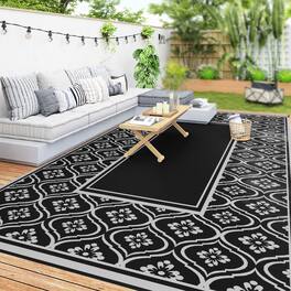 Outsunny - Outdoor Rug for Patio, 9' x 18' Waterproof Large Mat, Reversible Plastic Straw Rug for Décor - Black and Gray Gourd Border