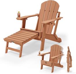 Winado - Adjustable Back Plastic Folding Adirondack Chair with Retractable Footrest, 2-in-1 Cup Holders for Outdoor Patio Garden - Teak