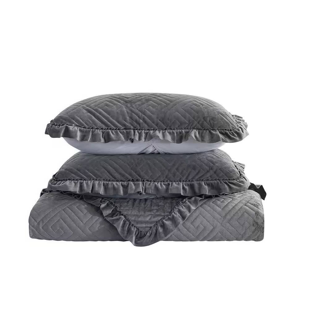 Angle. Hivvago - King Gray Charcoal Velvet Microfiber Polyester Reversible 3-Piece Quilt Set - Gray Charcoal.