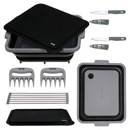 FEASTO - 9-Piece Collapsible BBQ Prep Tub Set with Cutting Board, Lids, Knives, Claws & Drain Rack - Black