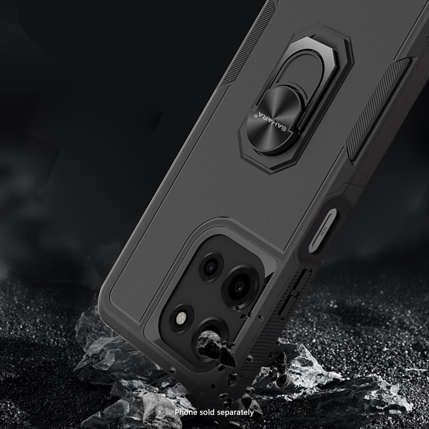 The image features a black cell phone, specifically a SAHARA phone, which is sold separately. The phone is positioned on a black background, and the camera is visible on the back of the device. The phone is not attached to a case or any other accessory, and it is the main focus of the image.