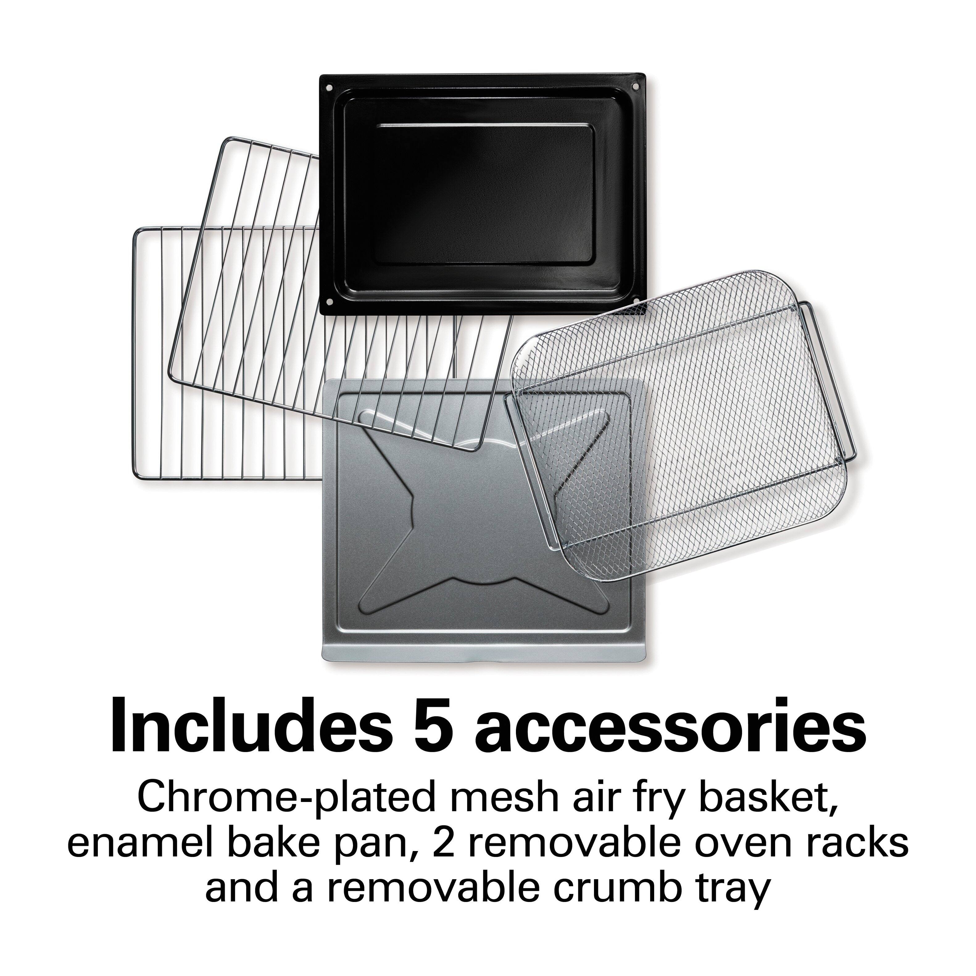 Includes 5 accessories

Chrome-plated mesh air fry basket, enamel bake pan, 2 removable oven racks and a removable crumb tray