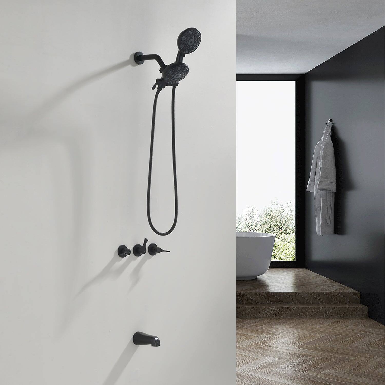 Alt View 2. Boyel Living - Matte Black Shower Set with Triple Handle Control 6 Function Dual Shower Heads and High Flow Tub Spout - Matte Black.