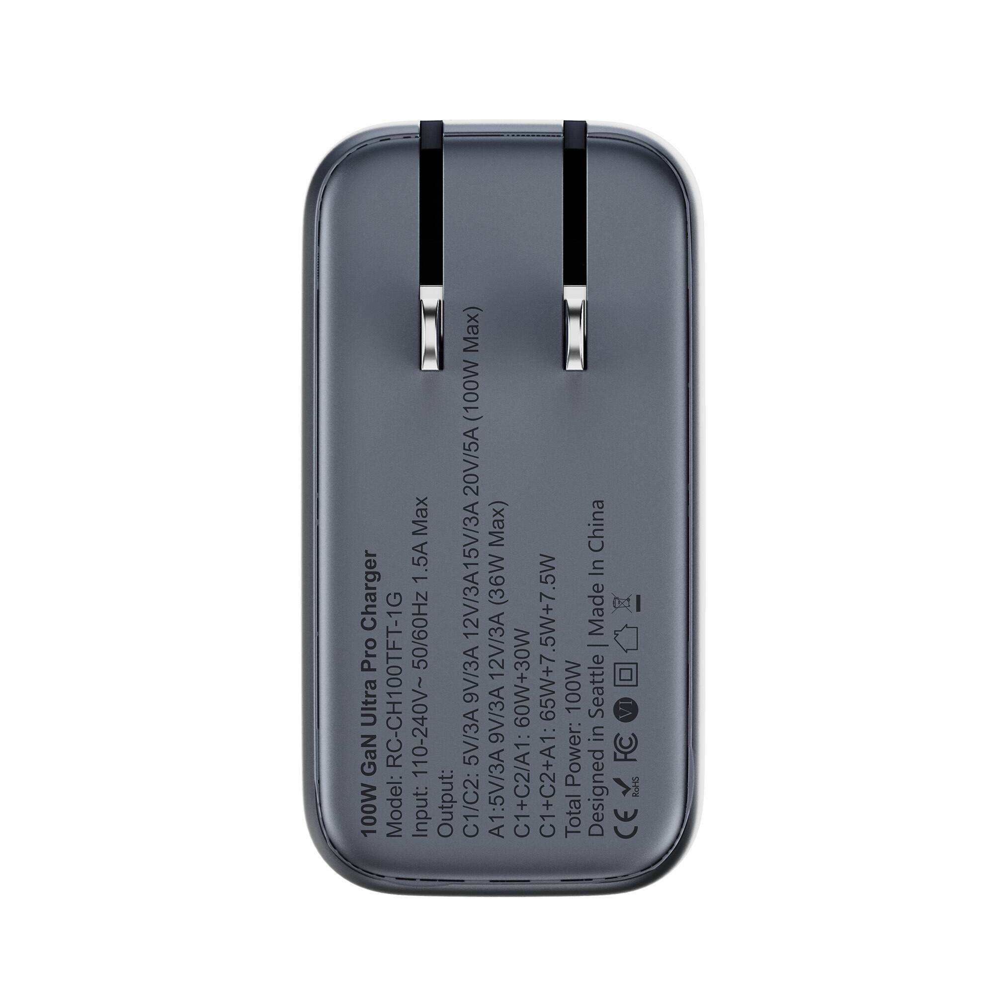 100W Gan Ultra Pro Charger  
Model: RC-CH100TFT-1  
Input: 100-240V~ 50/60Hz  
Output:  
C1/C2: 5V/3A  
C1+C2/A1: 12V/3A  
C1+C2+A1: 20V/5A Max (100W Max)  
Total Power: 100W+7.5W  
Made in China  
Designed in Seattle  
CE