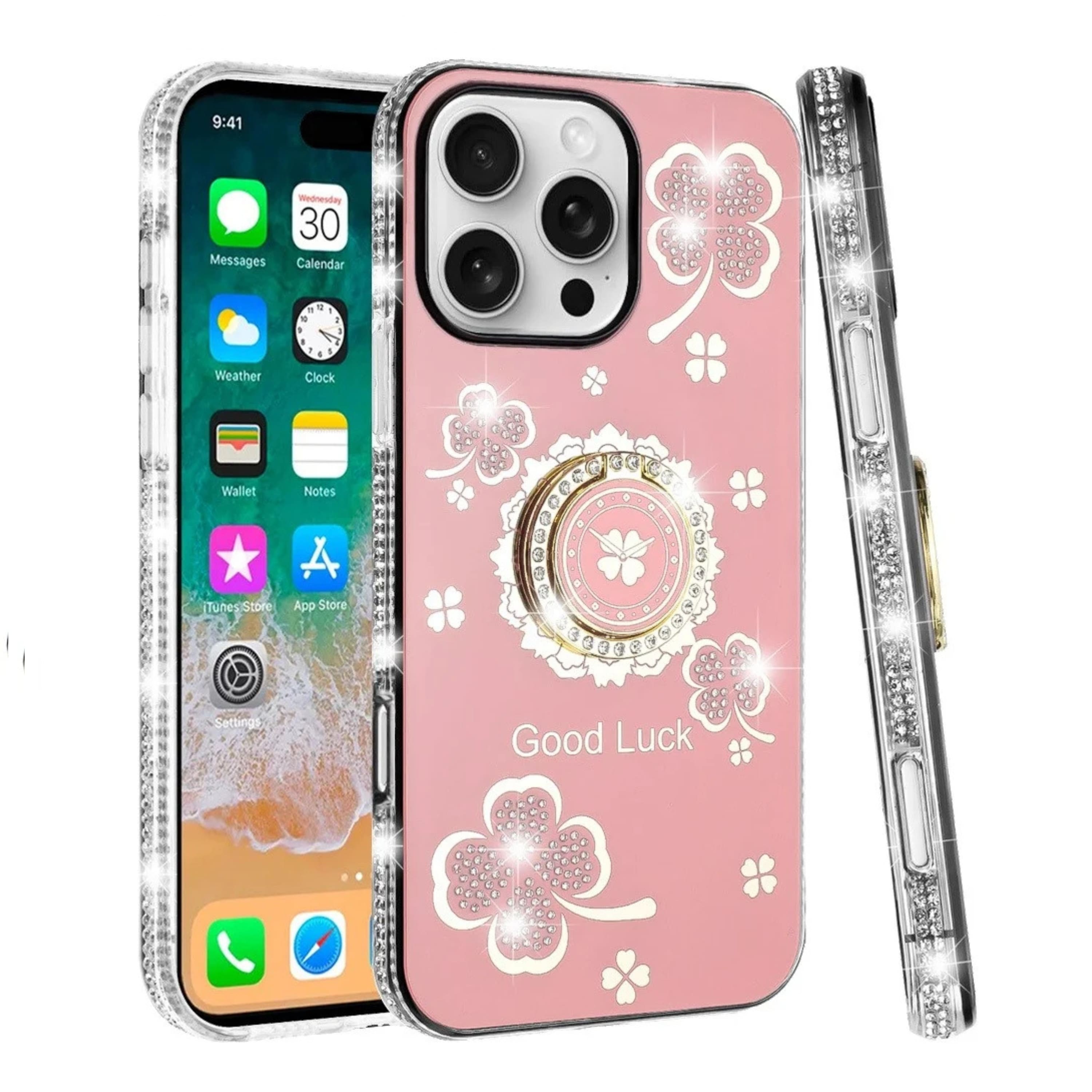 Kitcheniva - Crystal Studded Ring Stand Bling Phone Case With Tempered Glass For iPhone 16 Pro Max - Pink