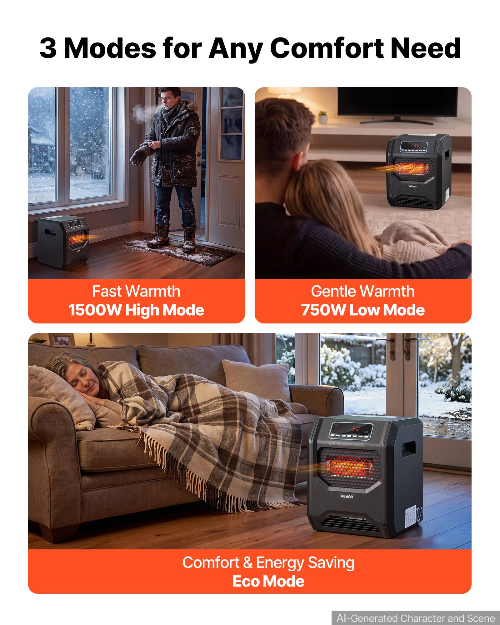 3 Modes for Any Comfort Need

Fast Warmth 1500W High Mode

Gentle Warmth 750W Low Mode

Comfort & Energy Saving Eco Mode

AI-Generated Character and Scene