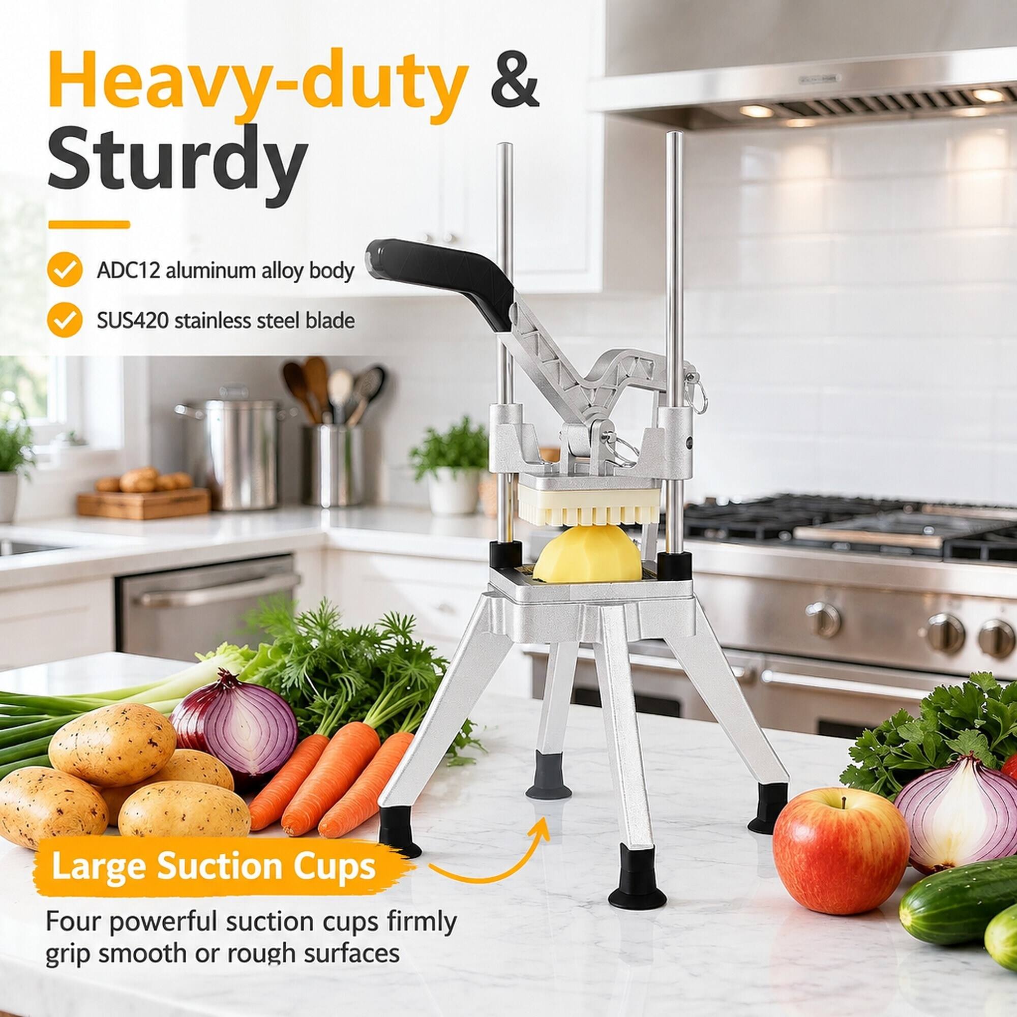 Heavy-duty & Sturdy  
ADC12 aluminum alloy body  
SUS420 stainless steel blade  

Large Suction Cups  
Four powerful suction cups firmly grip smooth or rough surfaces