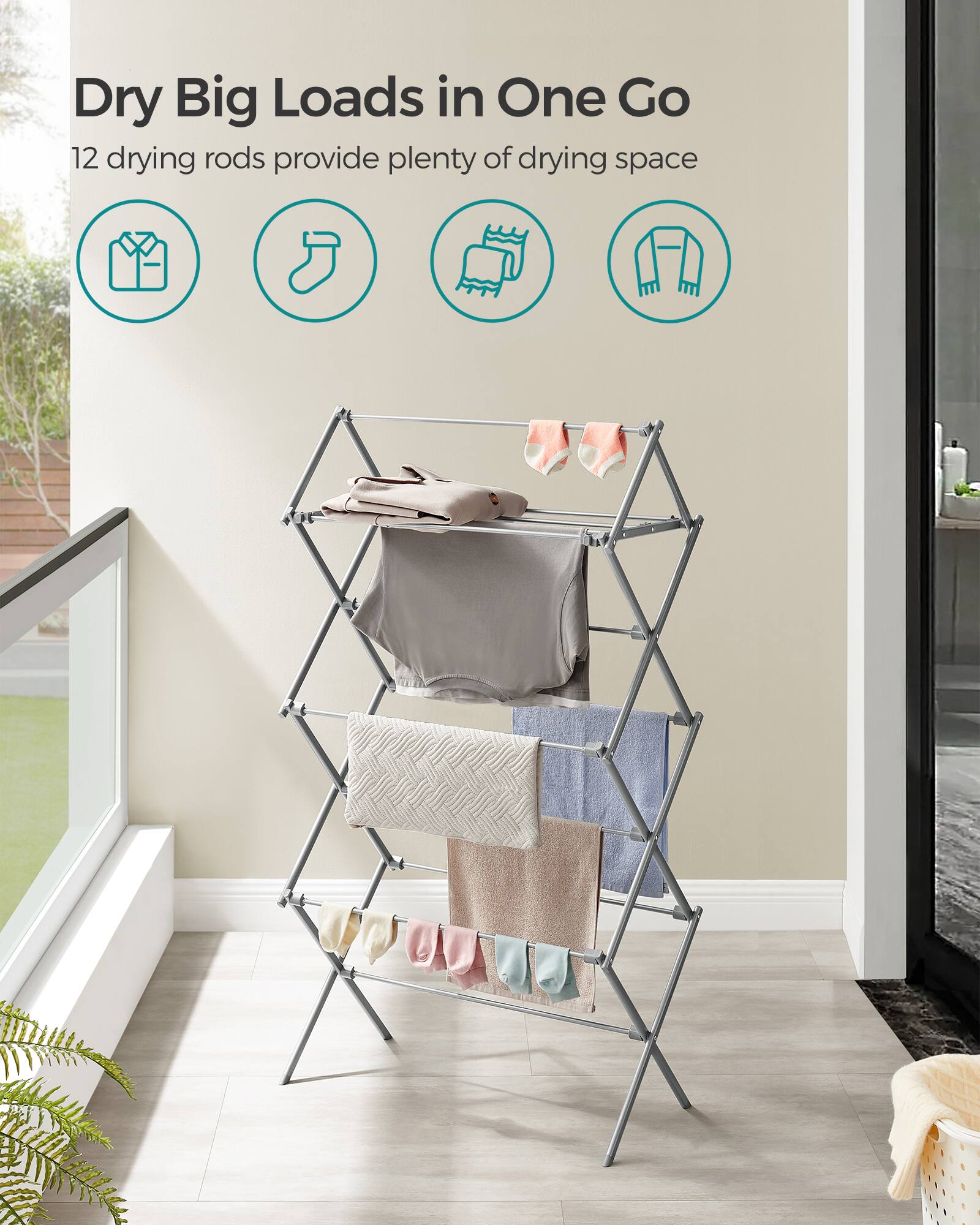 Dry Big Loads in One Go  
12 drying rods provide plenty of drying space