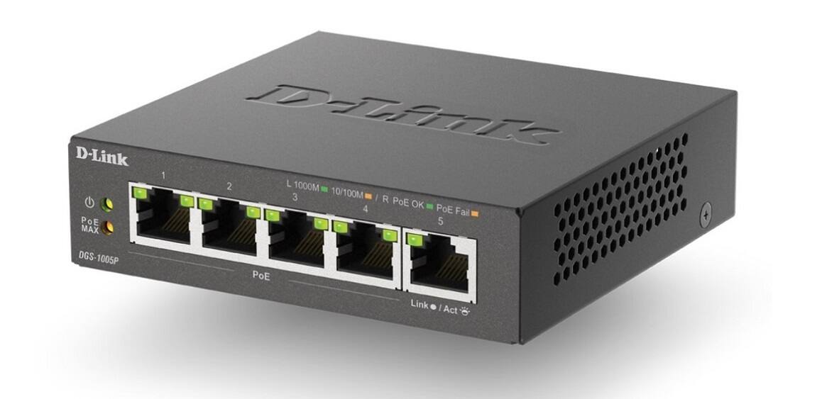 D-Link  
1 2 L 1000M 3 10/100M / R PoE OK 4 PoE Fail POE 5 MAX  
DGS-1005P  
PoE Link / Act