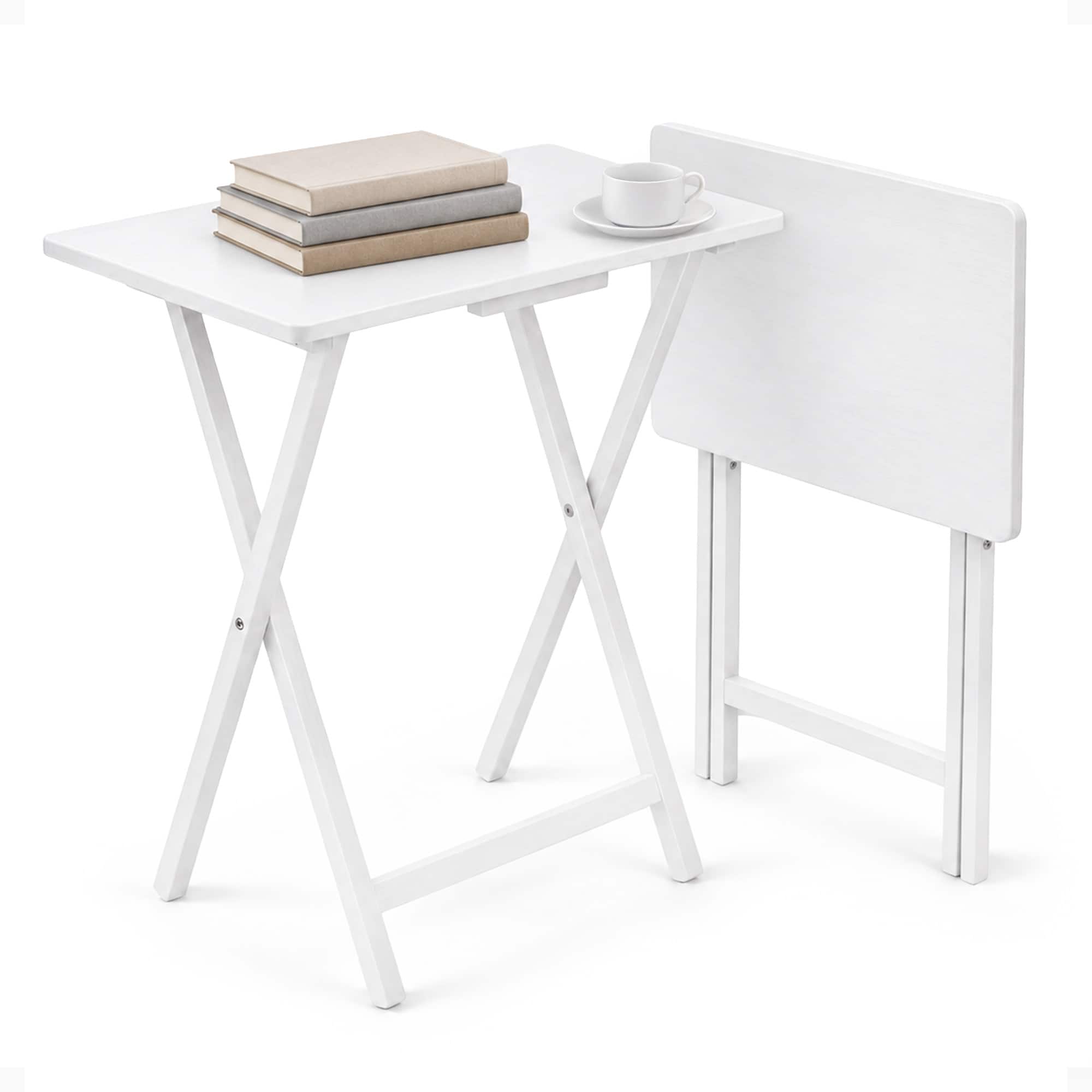 PJ Wood - Solid Wood Compact Folding TV Tray and Snack Tables, 2 Piece Set - White